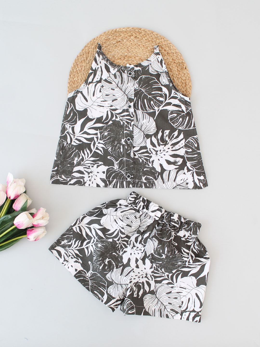 Qvink Summer Sleeveless Forest Theme Shorts Co ord Set-Grey