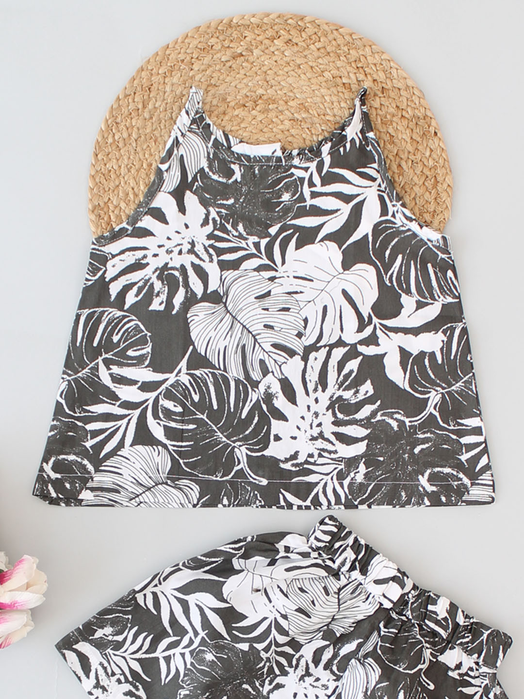 Qvink Summer Sleeveless Forest Theme Shorts Co ord Set-Grey