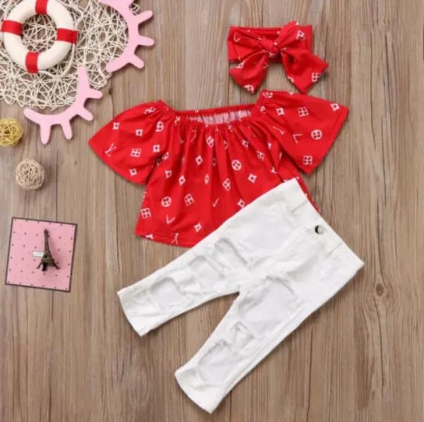 Image of Red and White Distressed Jeans Set with matching  Headband
