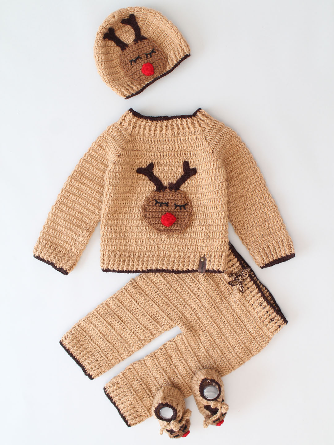 Reindeer Face Sweater & Pants Set with Cap & Boots - Beige