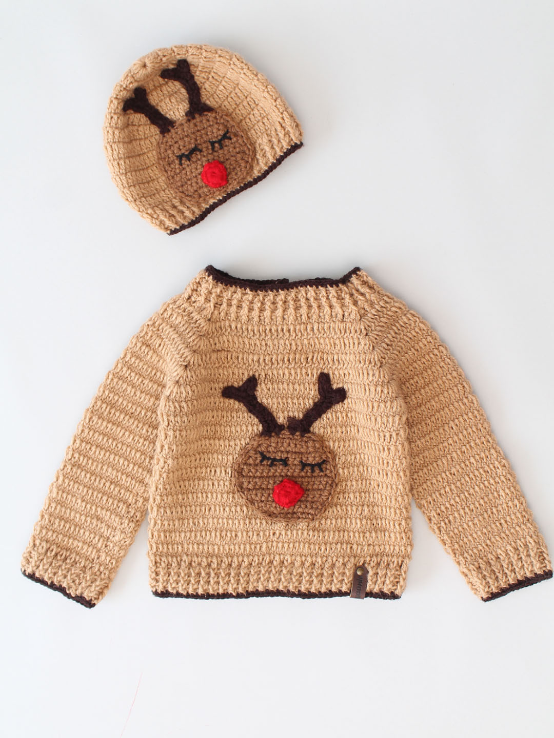 Reindeer Face Sweater & Pants Set with Cap & Boots - Beige