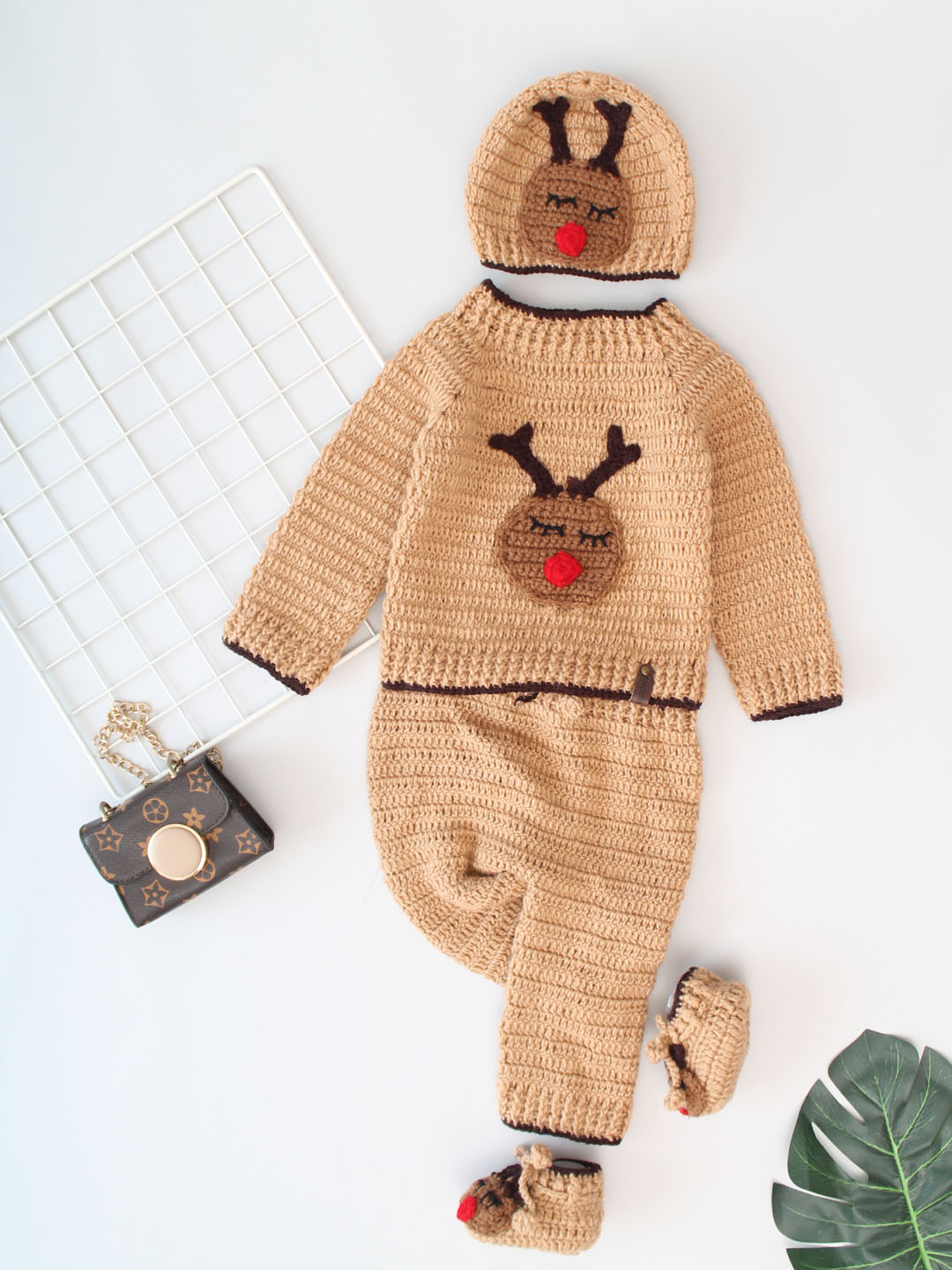 Reindeer Face Sweater & Pants Set with Cap & Boots - Beige