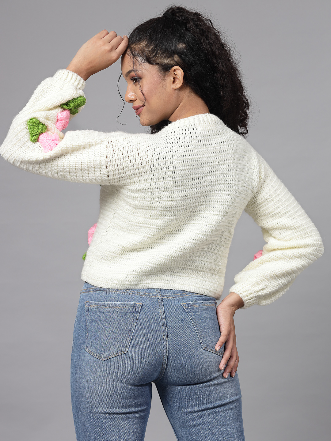 Rose Flower with Leaves Applique Cardigan for Women - Cream