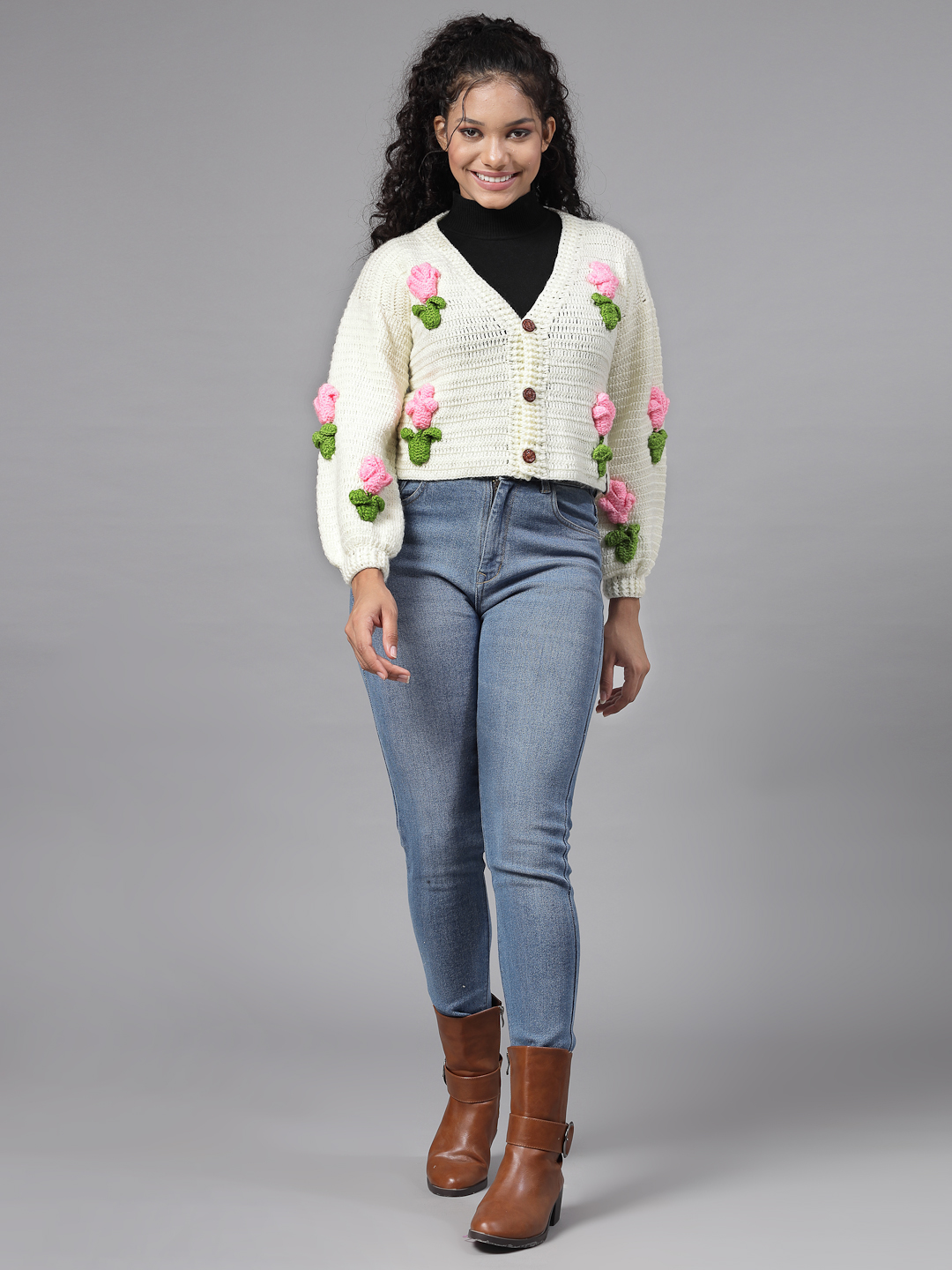 Rose Flower with Leaves Applique Cardigan for Women - Cream