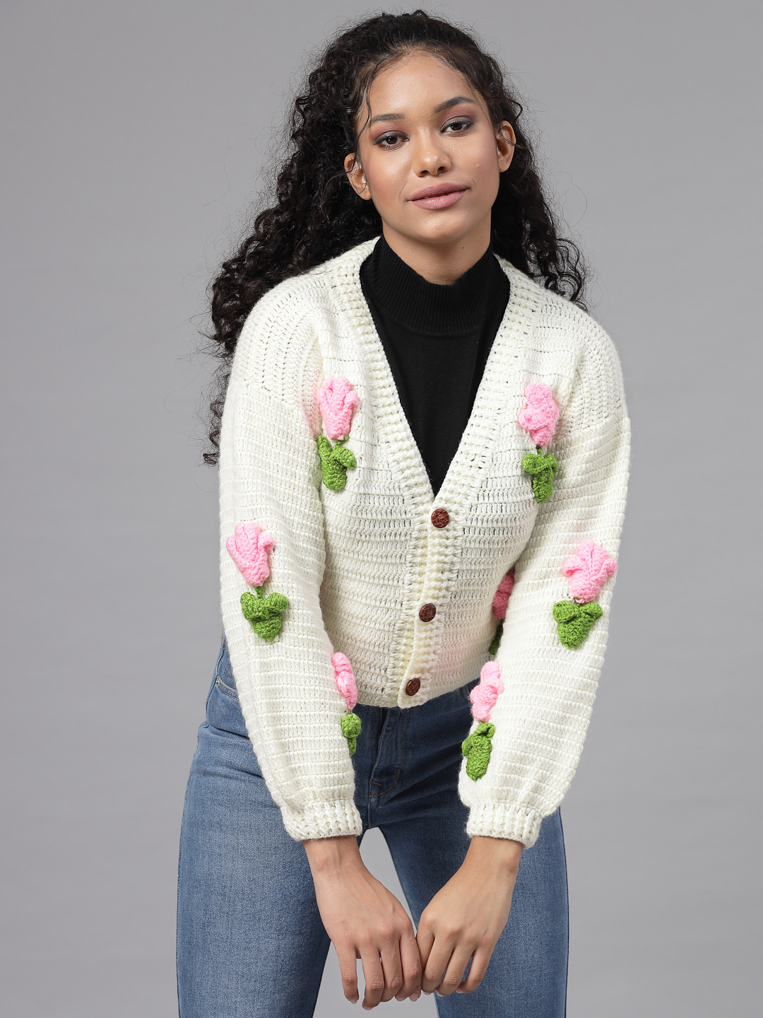 Rose Flower with Leaves Applique Cardigan for Women - Cream