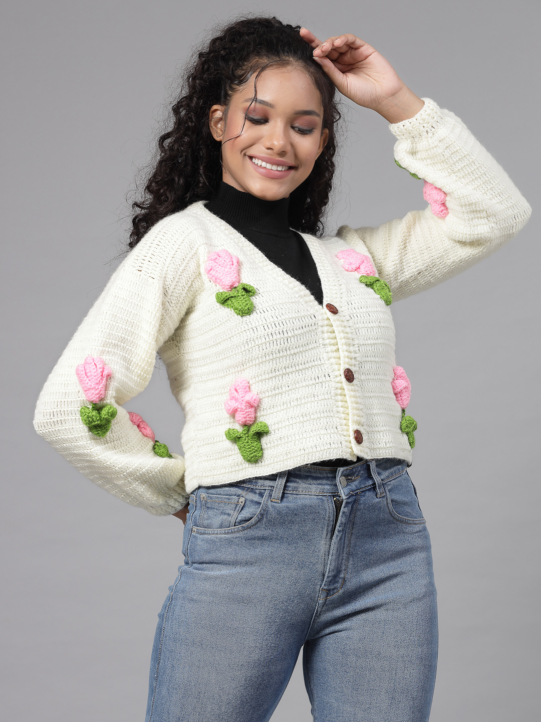 Rose Flower with Leaves Applique Cardigan for Women - Cream
