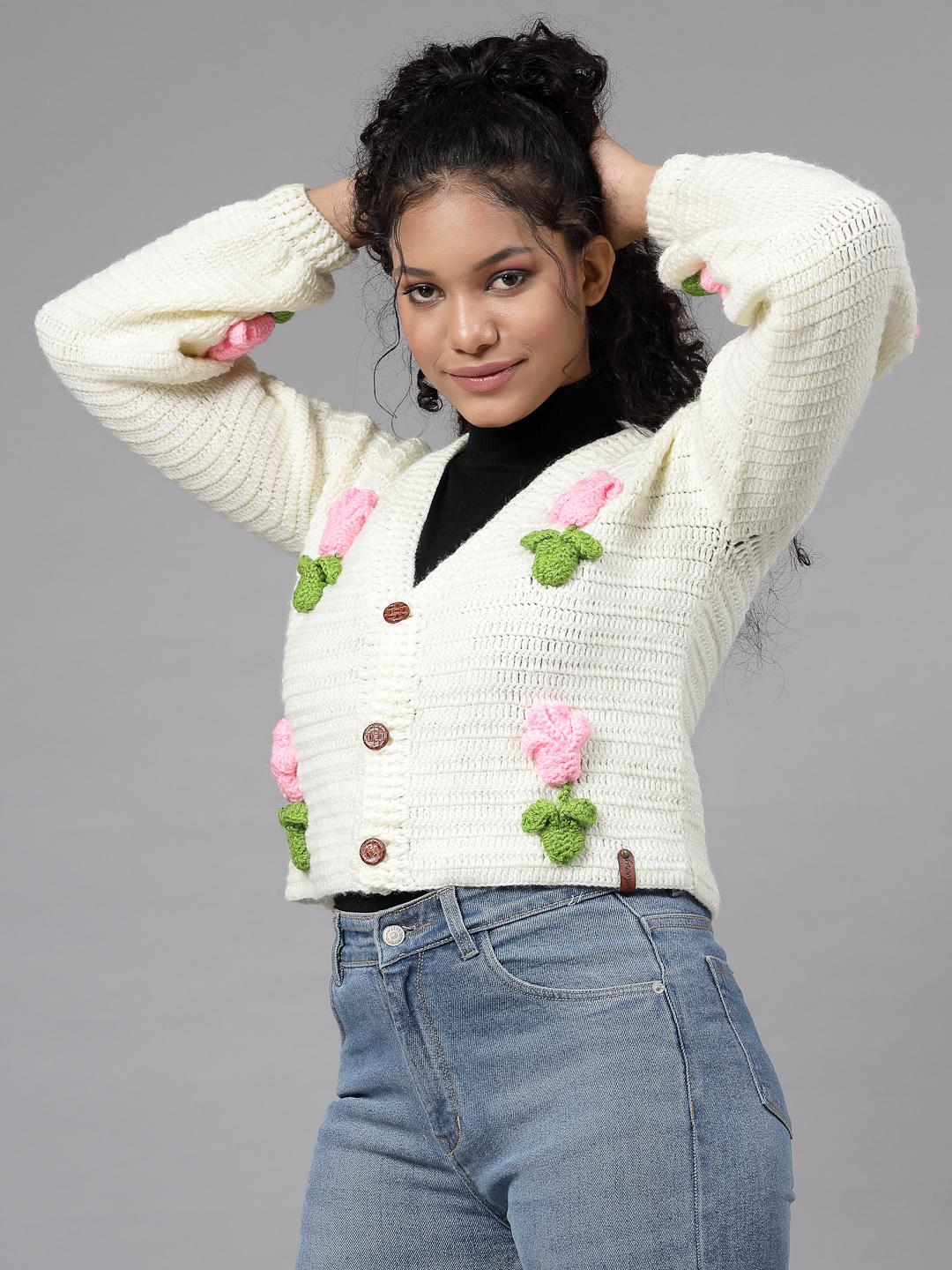 Rose Flower with Leaves Applique Cardigan for Women - Cream