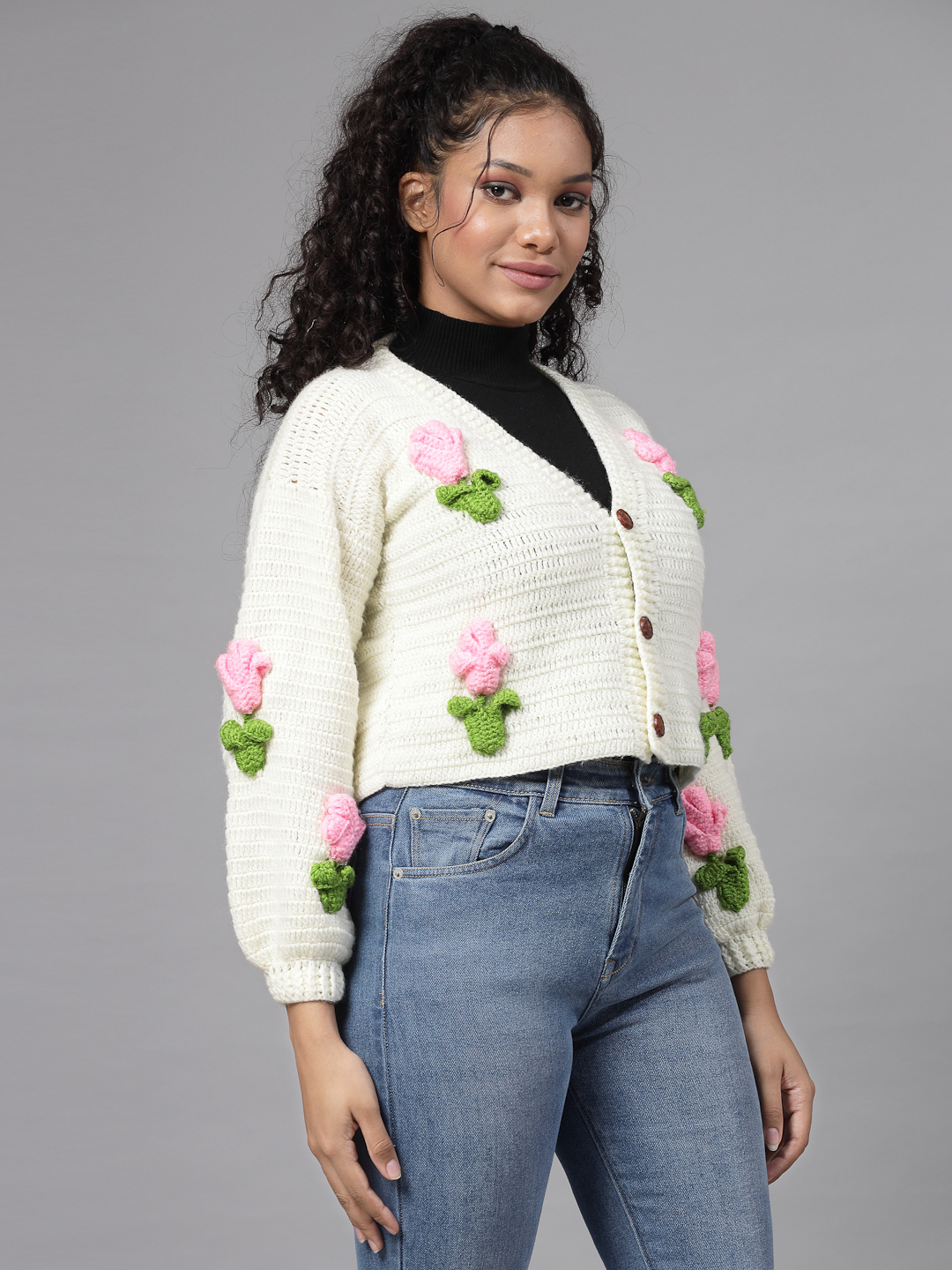 Rose Flower with Leaves Applique Cardigan for Women - Cream