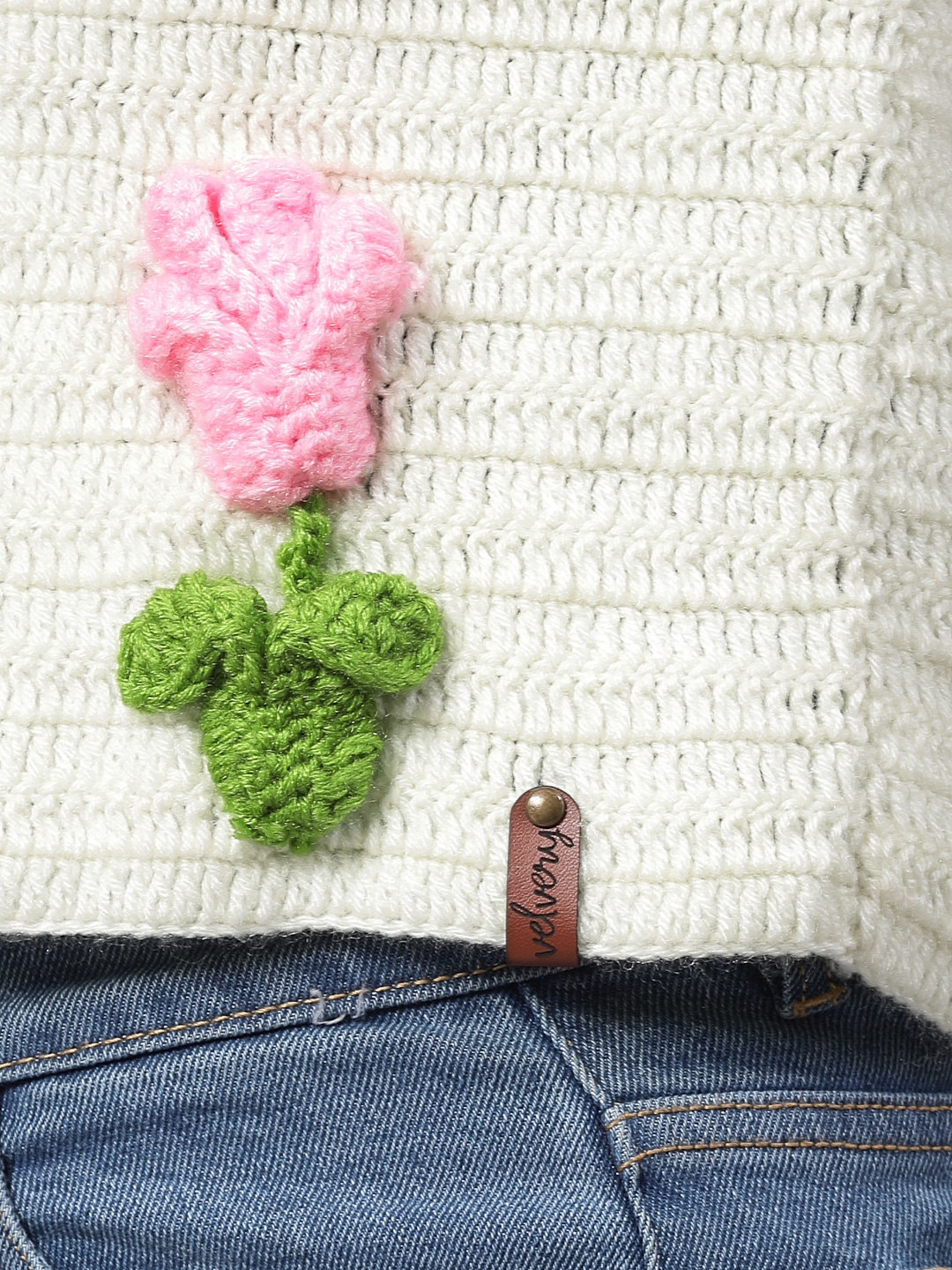 Rose Flower with Leaves Applique Cardigan for Women - Cream