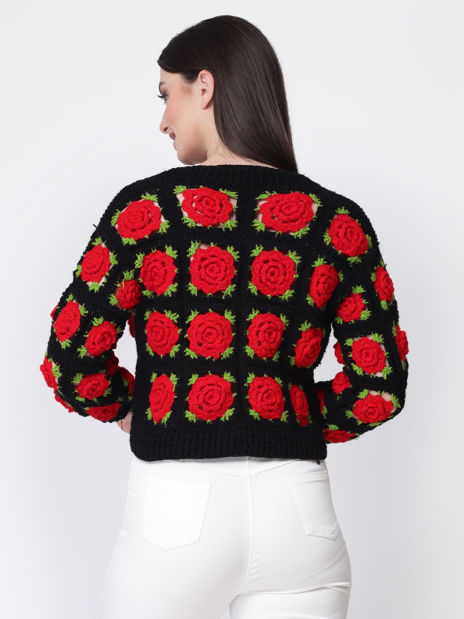 Handmade Crochet Granny Square Rose Sweater - Black
