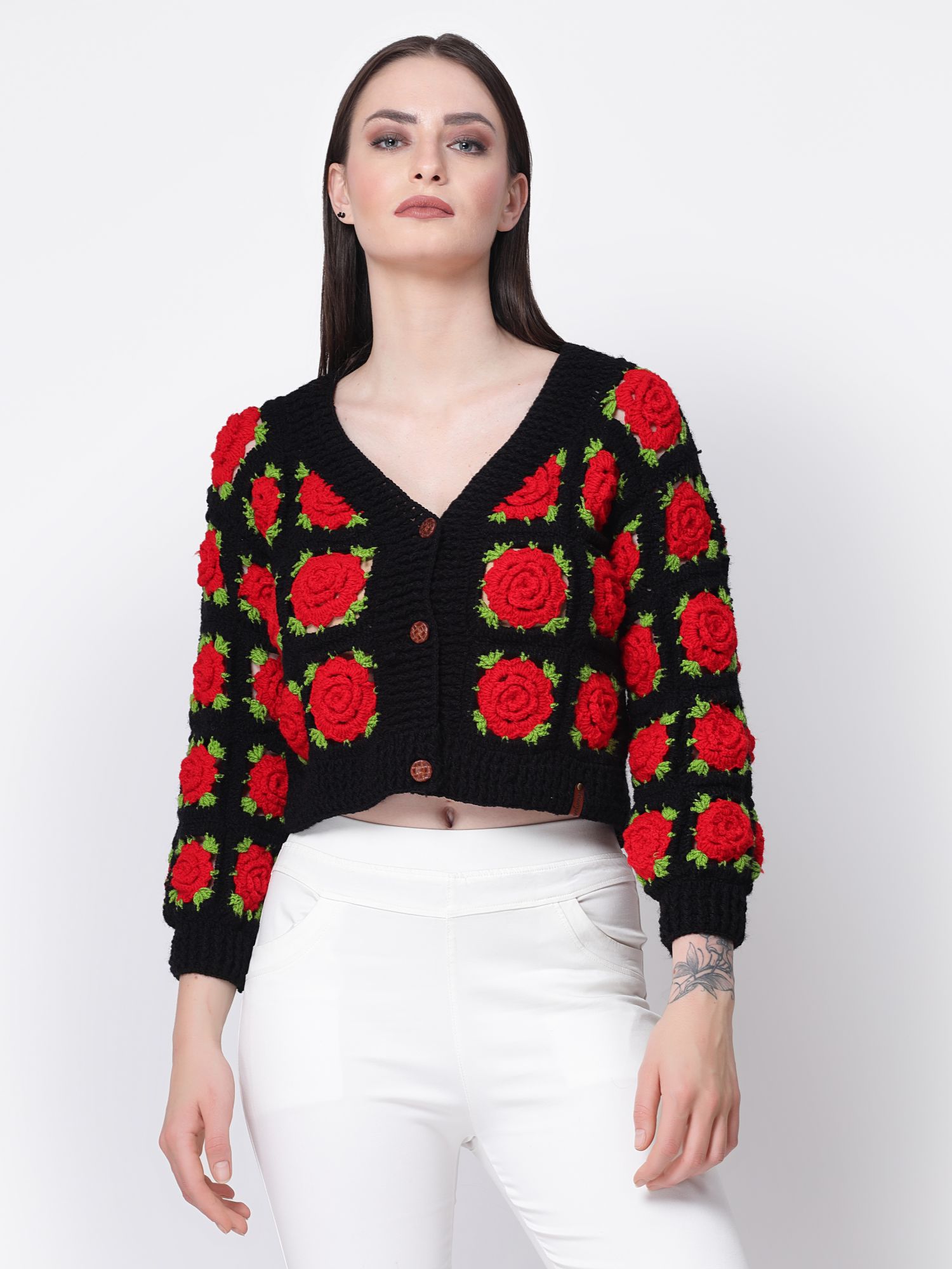 Handmade Crochet Granny Square Rose Sweater - Black