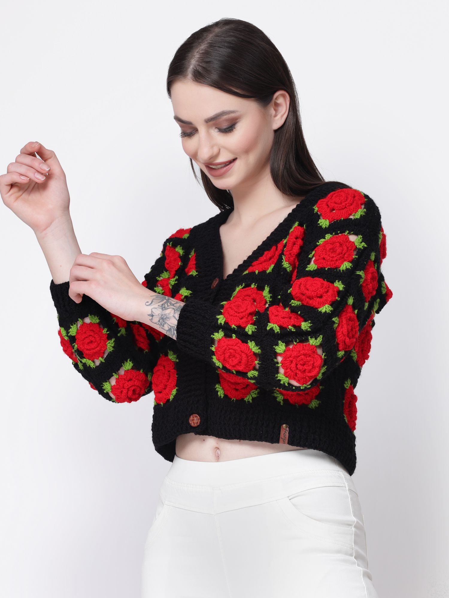 Handmade Crochet Granny Square Rose Sweater - Black