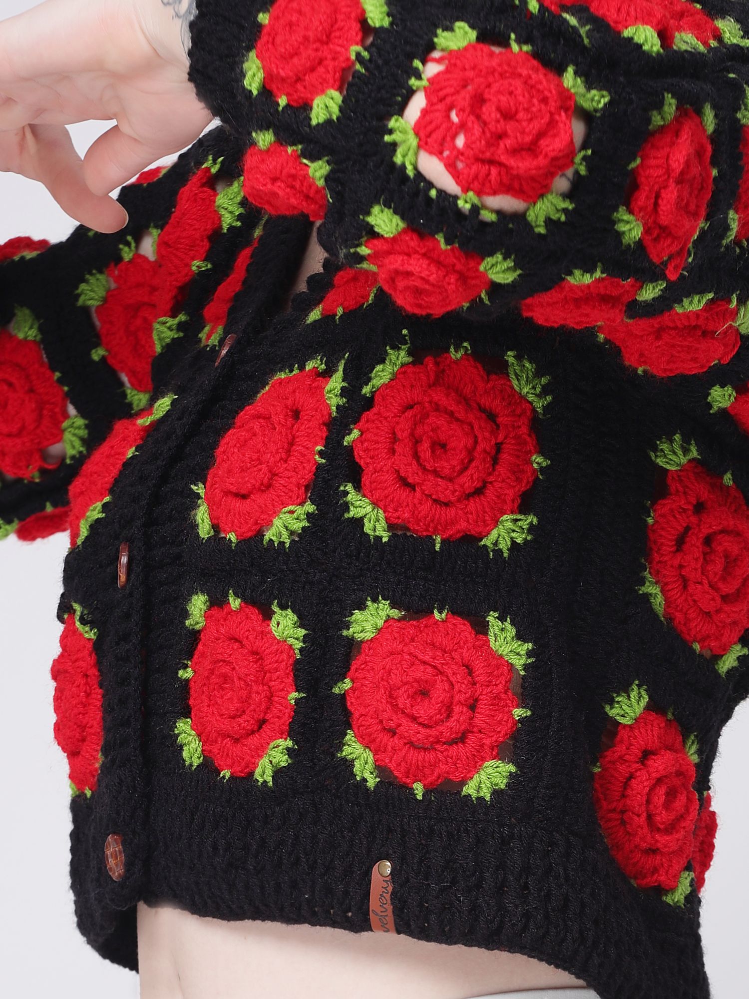 Handmade Crochet Granny Square Rose Sweater - Black