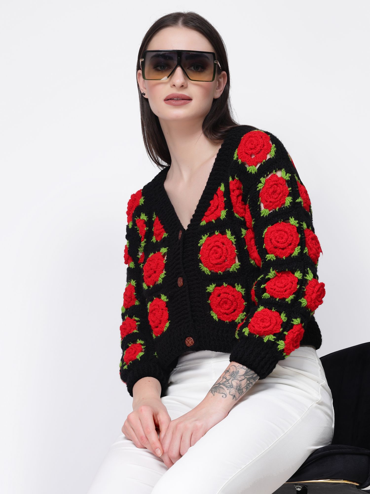 Handmade Crochet Granny Square Rose Sweater - Black