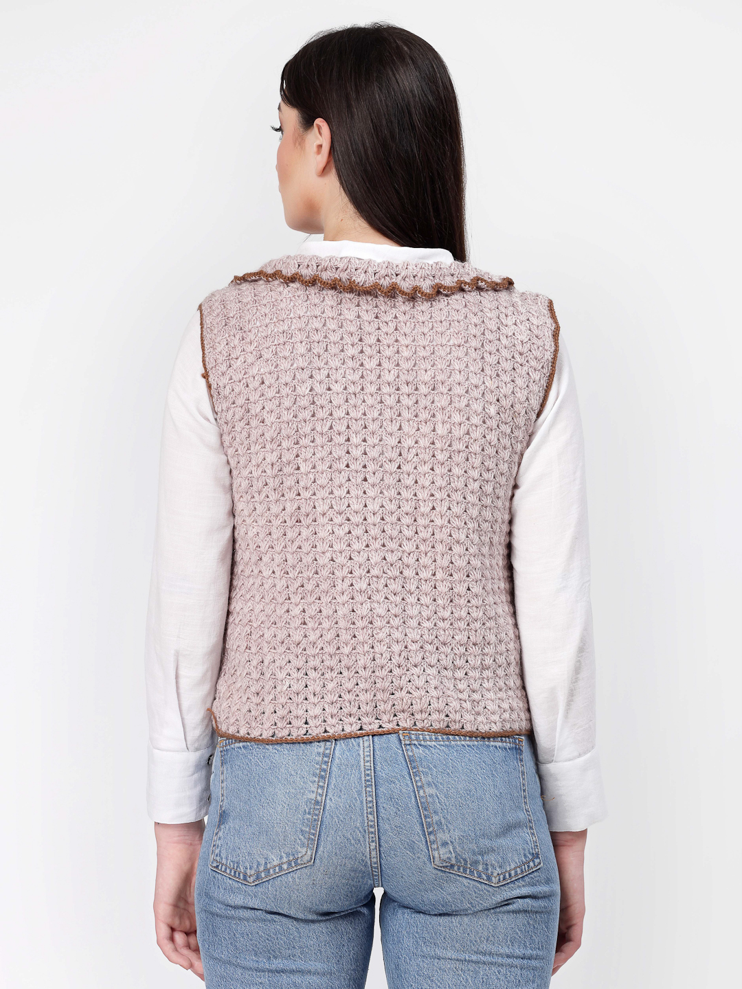 Handmade Crochet Ruffle Collar Pullover for Women - Beige