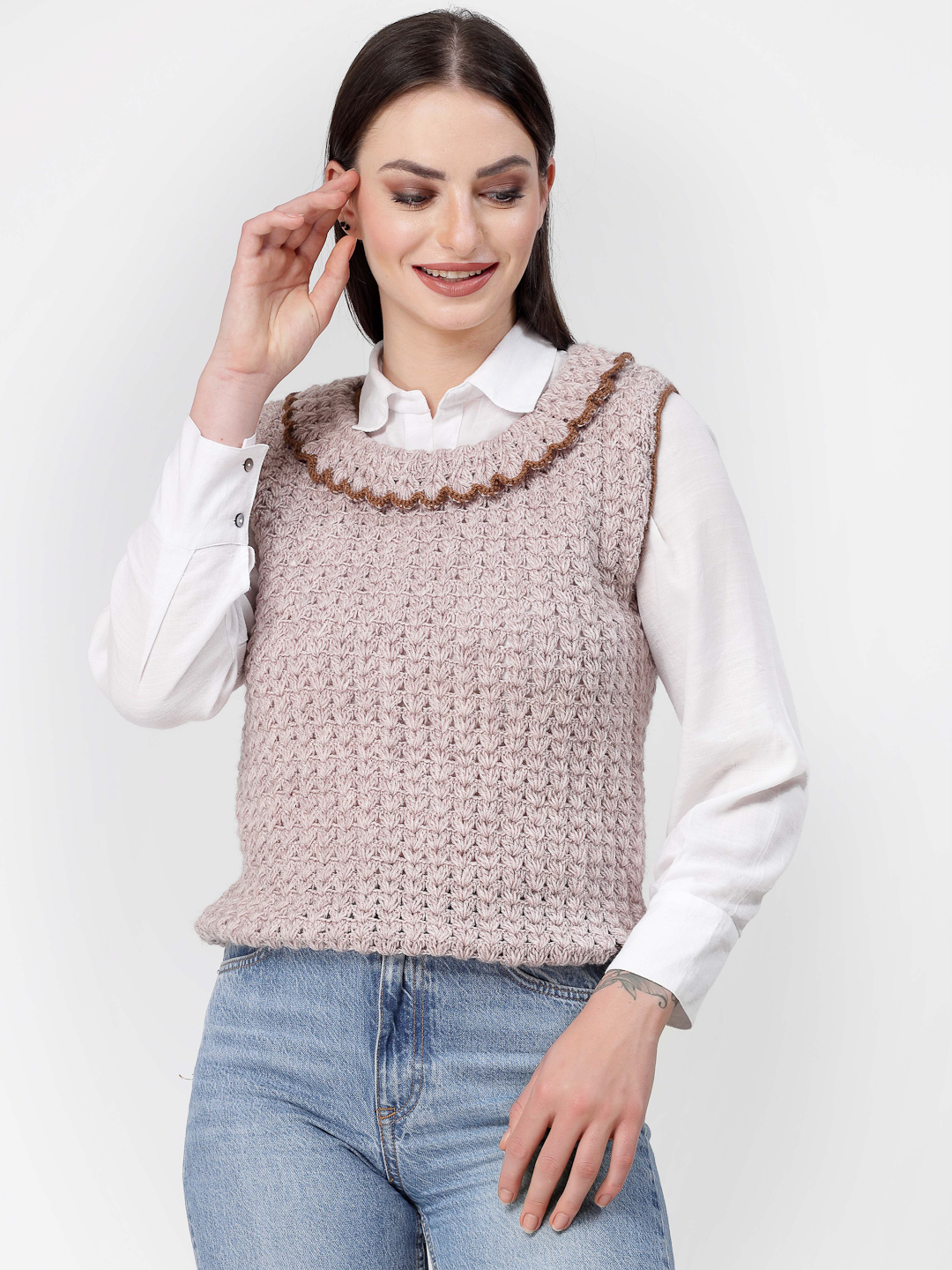 Handmade Crochet Ruffle Collar Pullover for Women - Beige