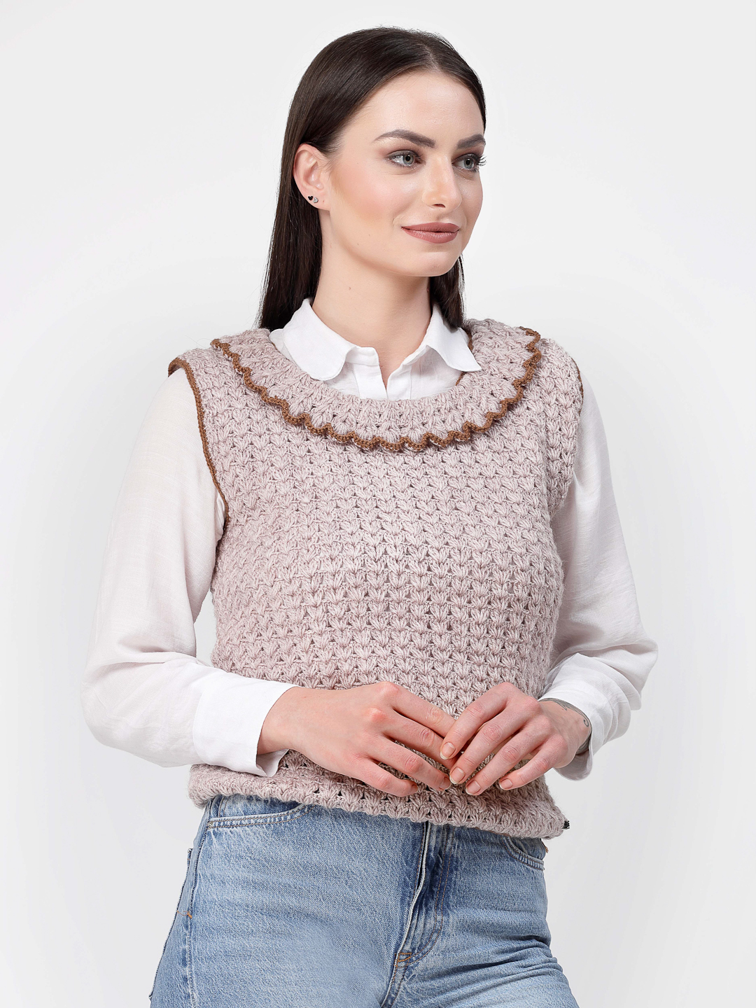 Handmade Crochet Ruffle Collar Pullover for Women - Beige