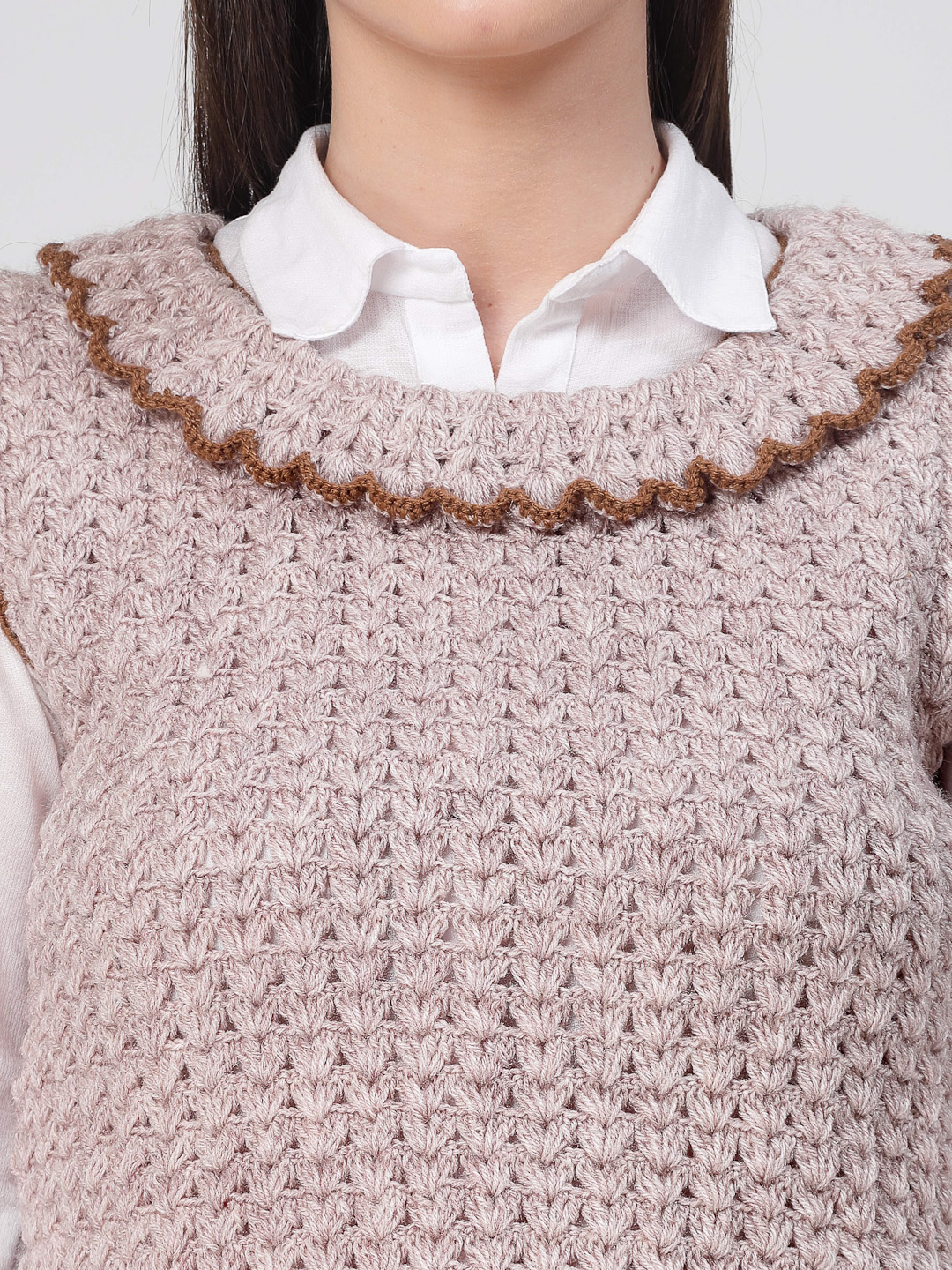 Handmade Crochet Ruffle Collar Pullover for Women - Beige