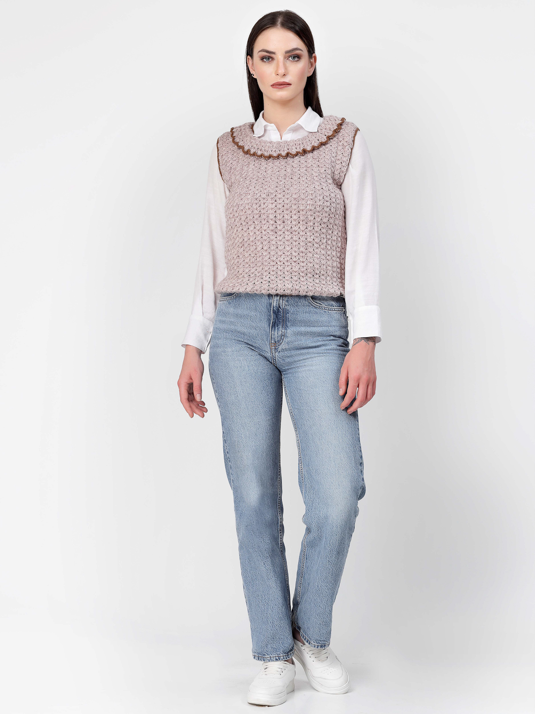 Handmade Crochet Ruffle Collar Pullover for Women - Beige