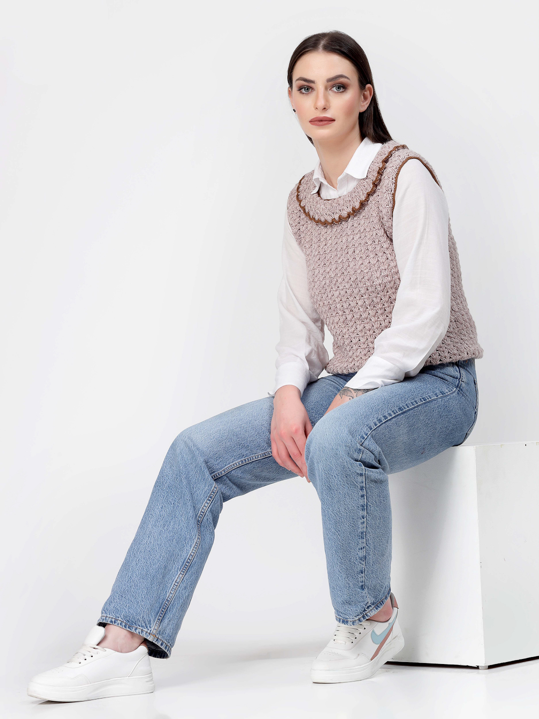 Handmade Crochet Ruffle Collar Pullover for Women - Beige