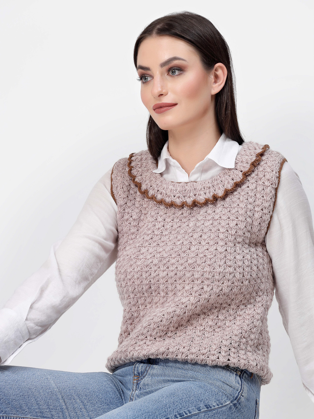 Handmade Crochet Ruffle Collar Pullover for Women - Beige