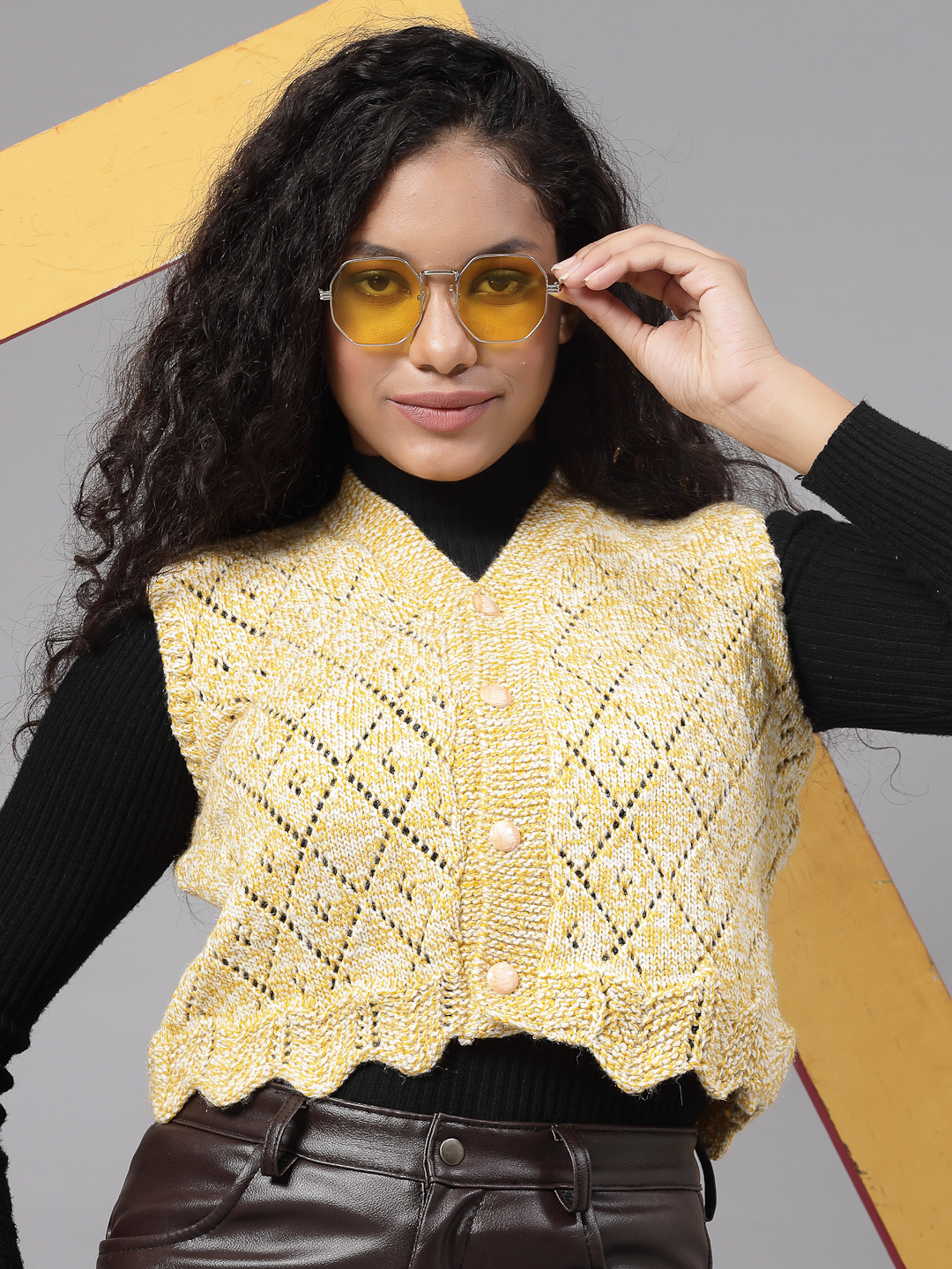Self Design Dual Tone Argyle Sweater for Women - Yellow