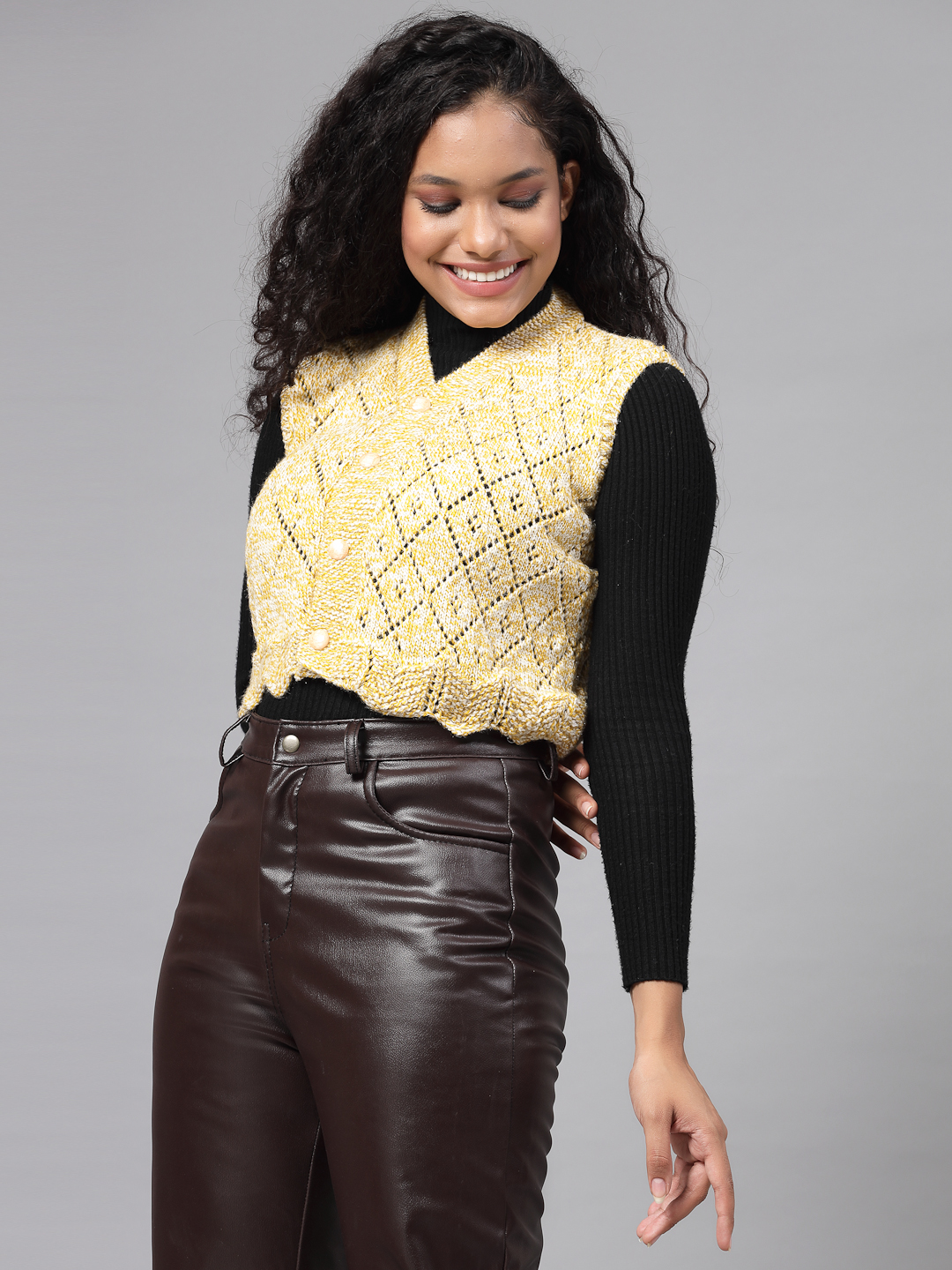 Self Design Dual Tone Argyle Sweater for Women - Yellow