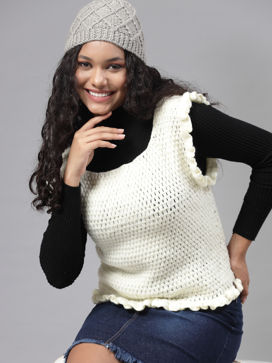 Self Design Sweater with Ruffles - Cream
