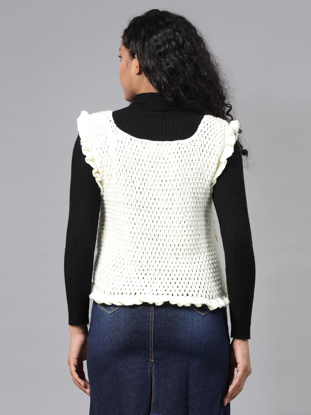 Self Design Sweater with Ruffles - Cream