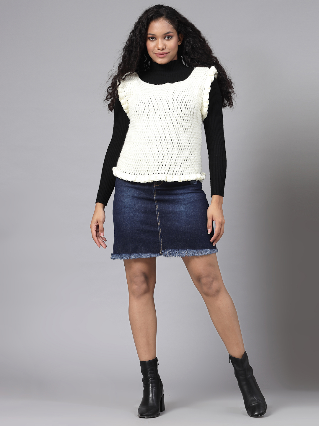 Self Design Sweater with Ruffles - Cream