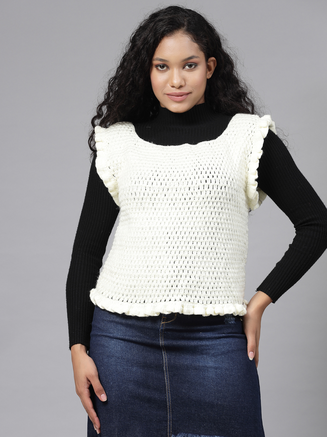 Self Design Sweater with Ruffles - Cream