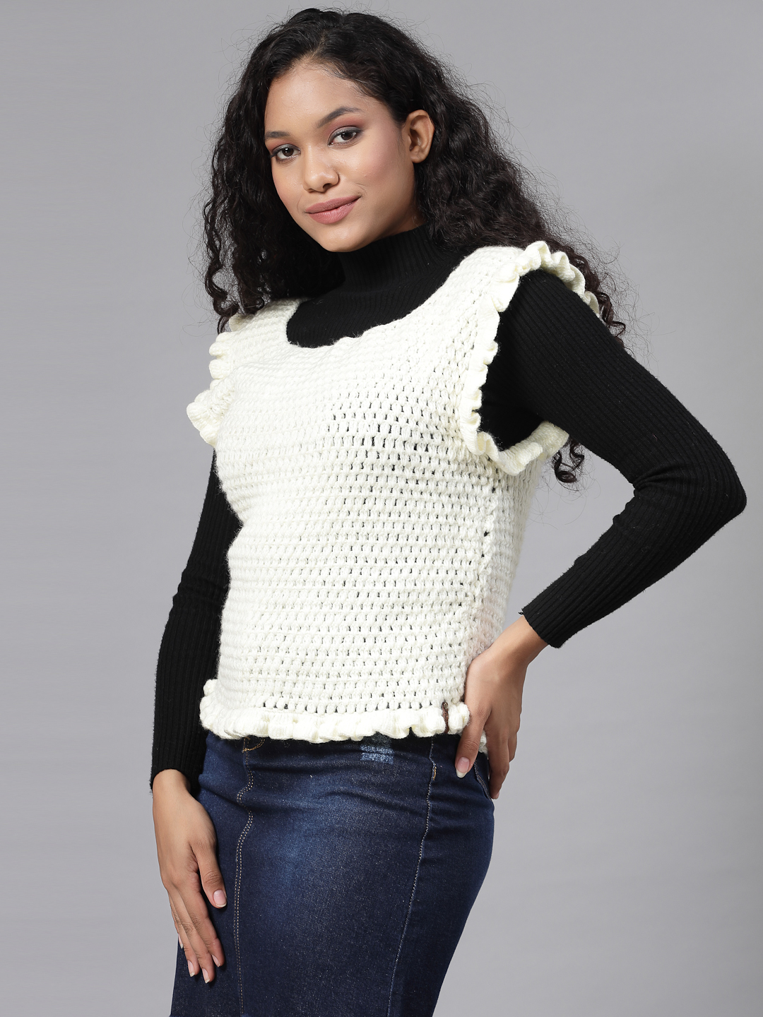 Self Design Sweater with Ruffles - Cream