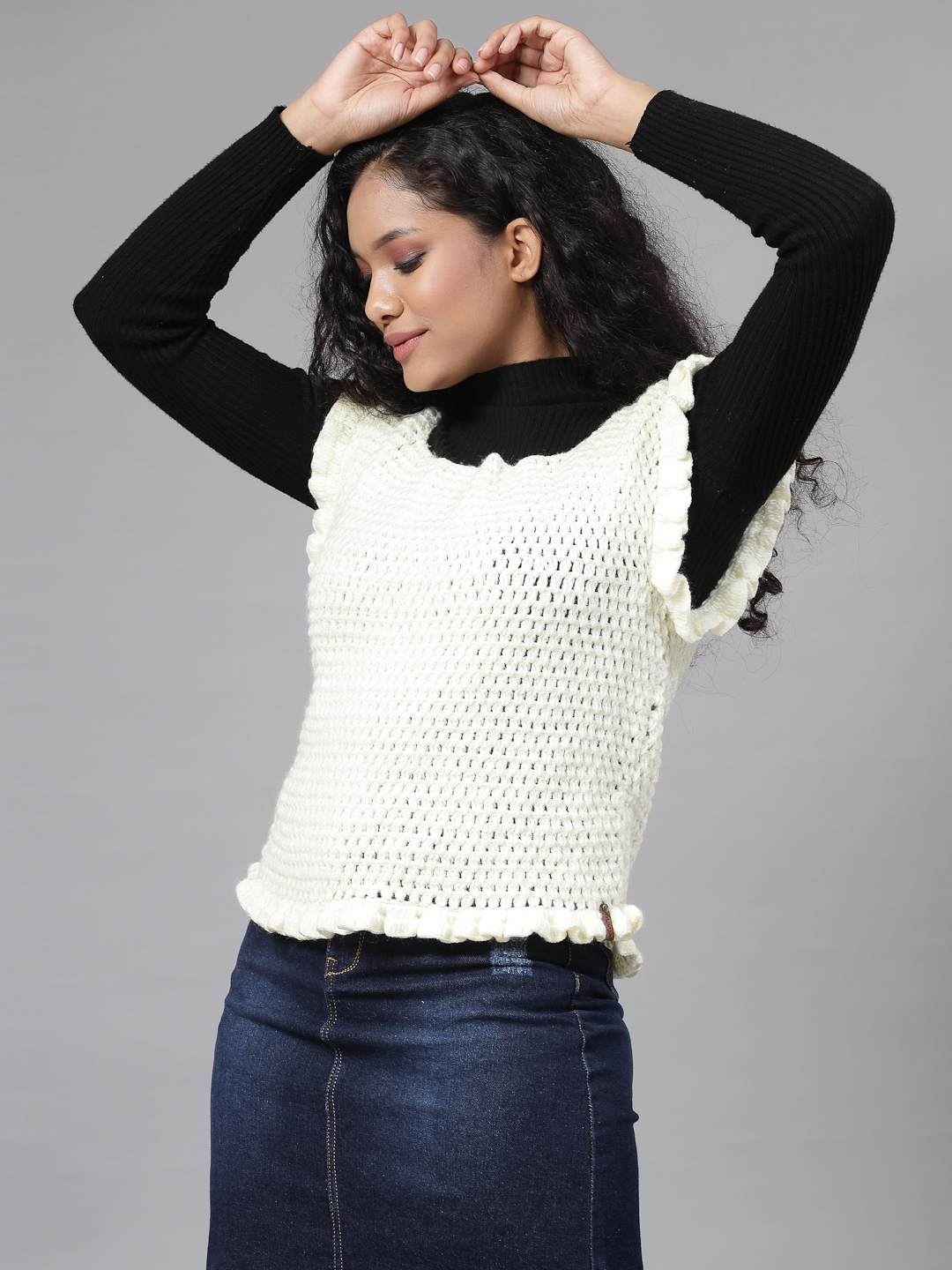 Self Design Sweater with Ruffles - Cream