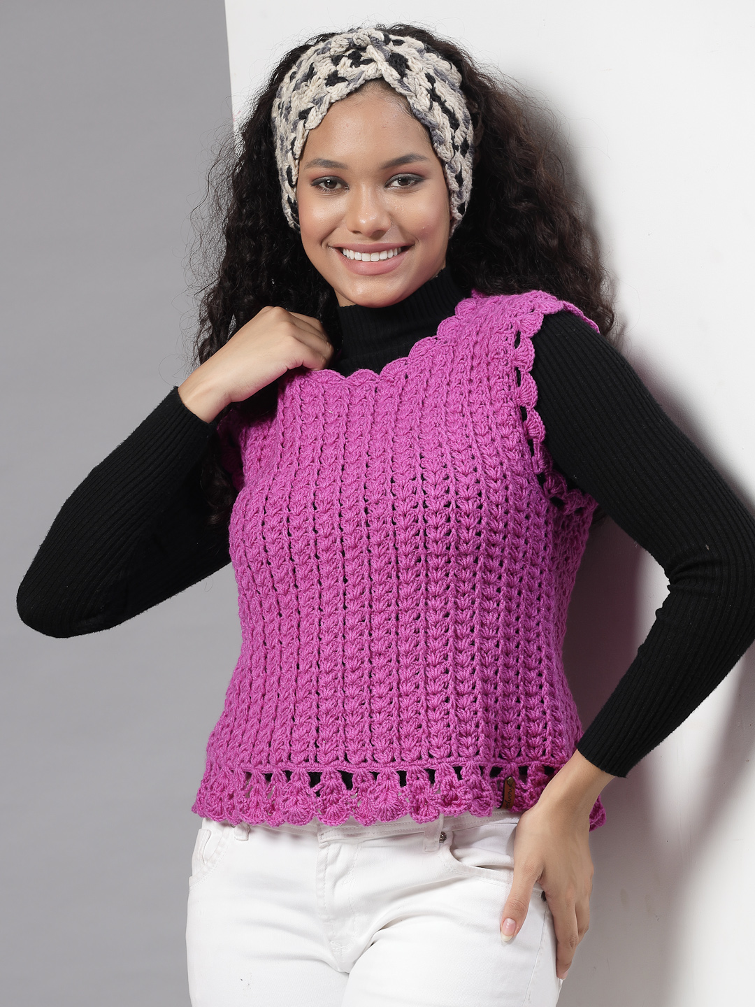 Self Design Sweater with Scallop Border - Purple