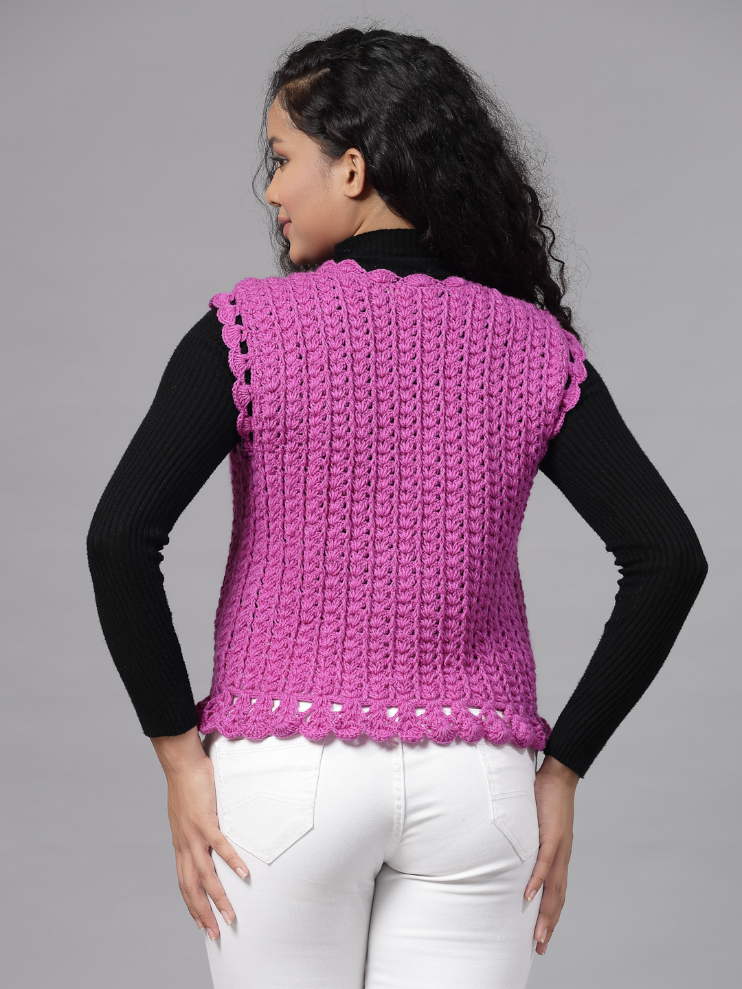 Self Design Sweater with Scallop Border - Purple