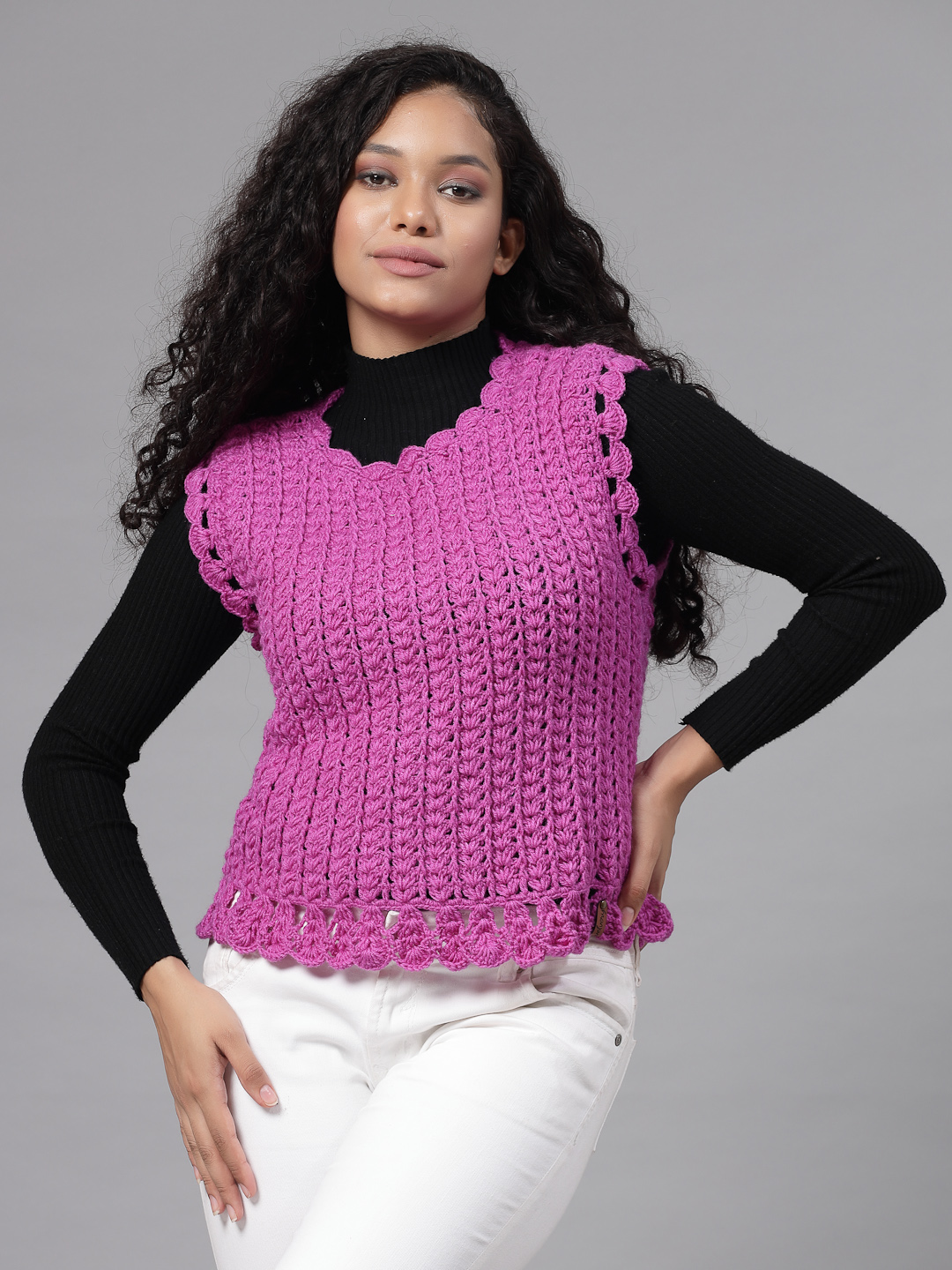 Self Design Sweater with Scallop Border - Purple