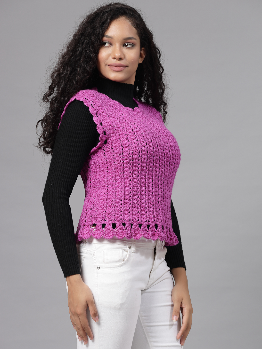 Self Design Sweater with Scallop Border - Purple