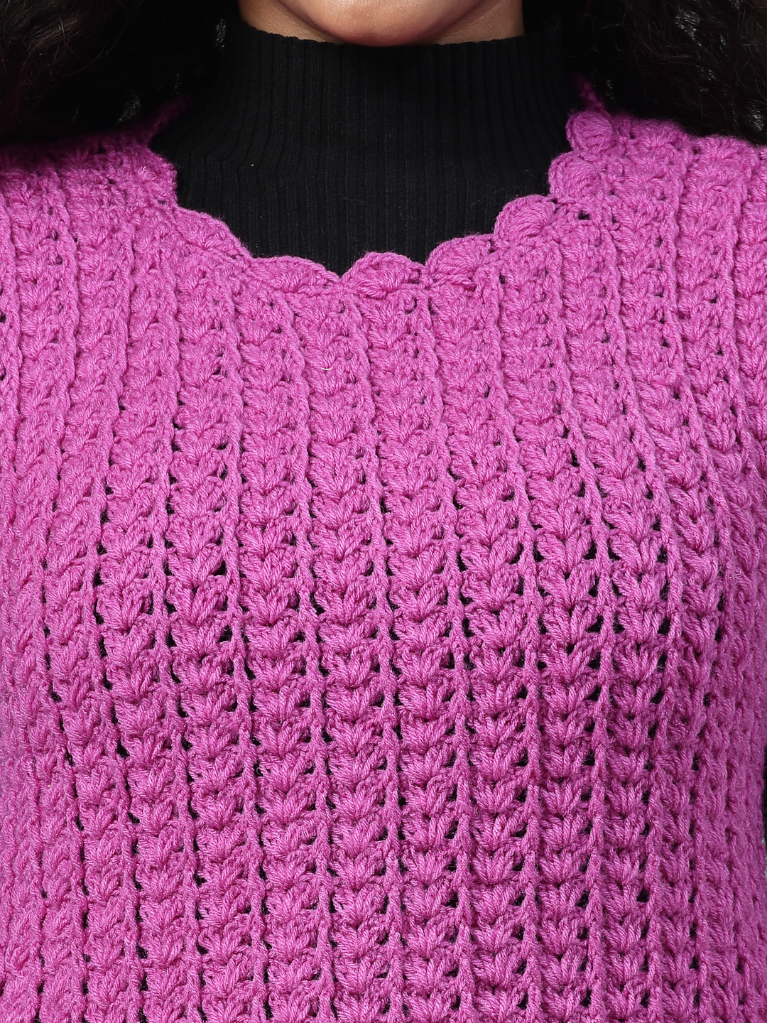 Self Design Sweater with Scallop Border - Purple