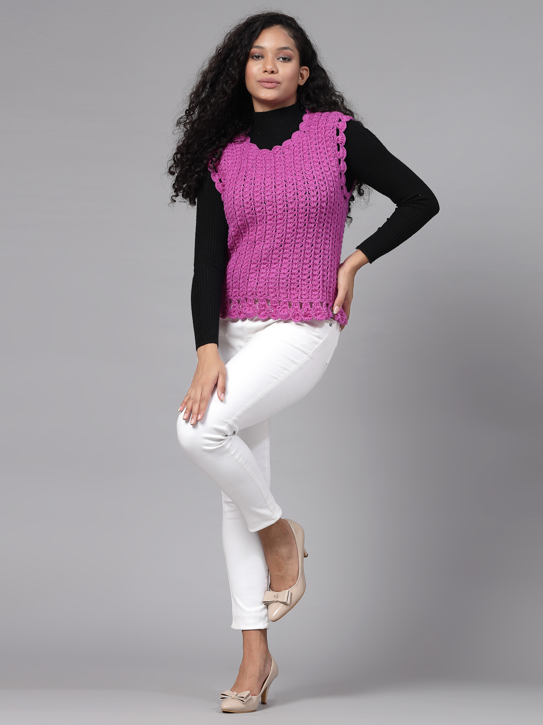 Self Design Sweater with Scallop Border - Purple