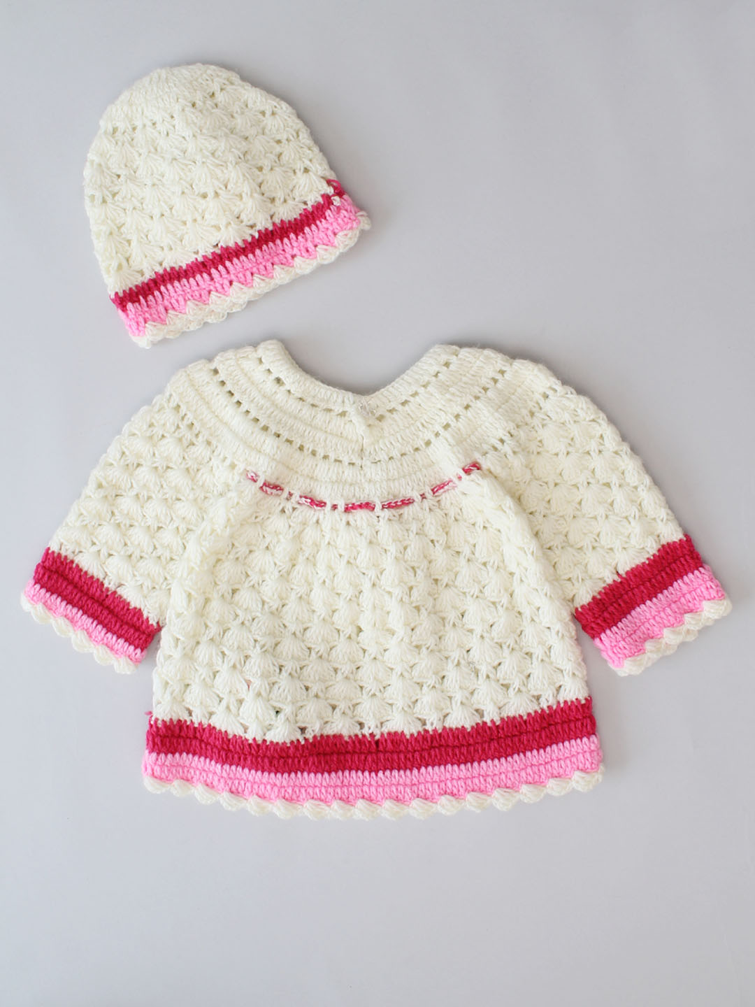 Shell Stitch Full Sleeves Frock with Cap and Hairband - Cream