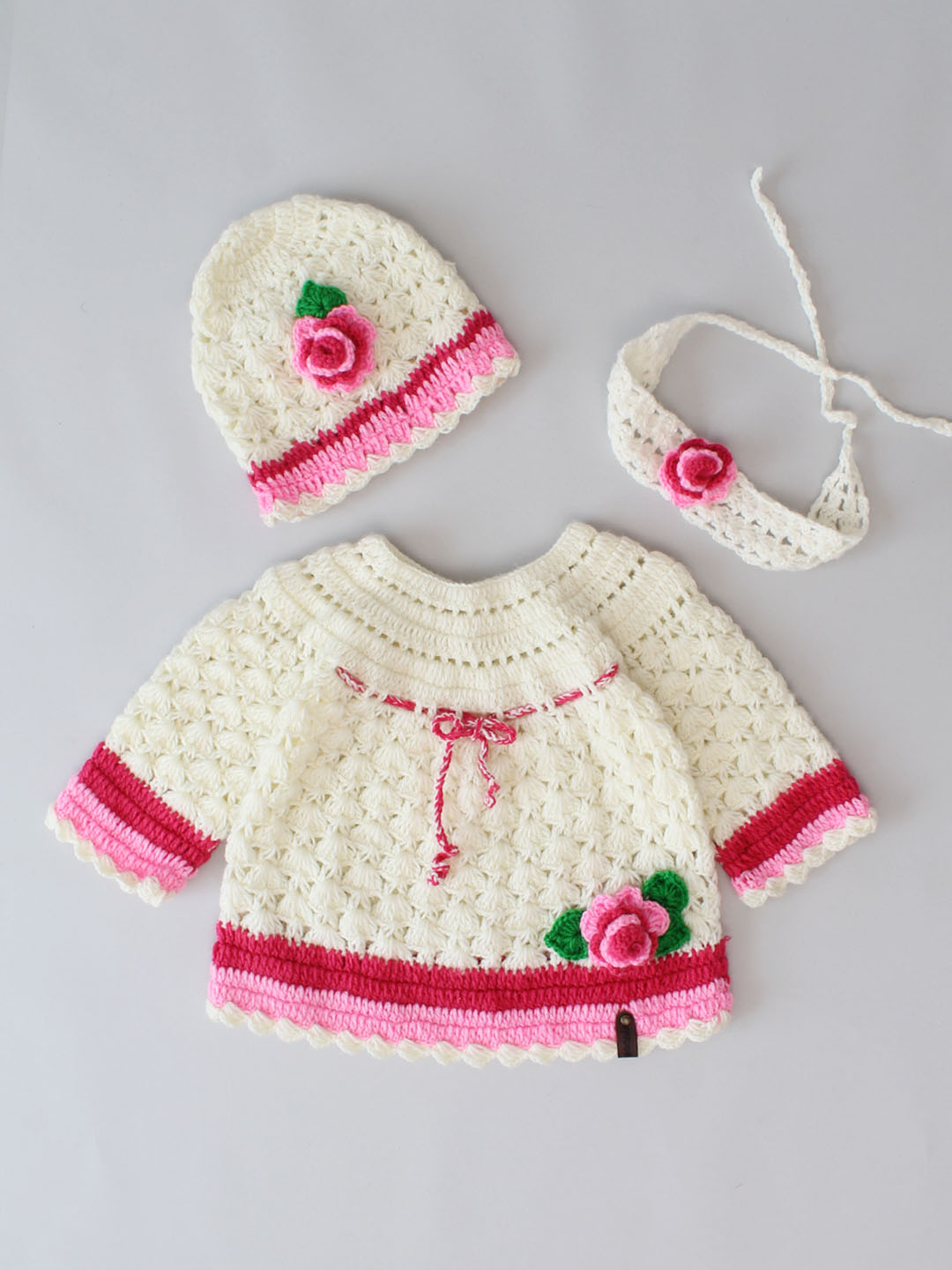 Shell Stitch Full Sleeves Frock with Cap and Hairband - Cream