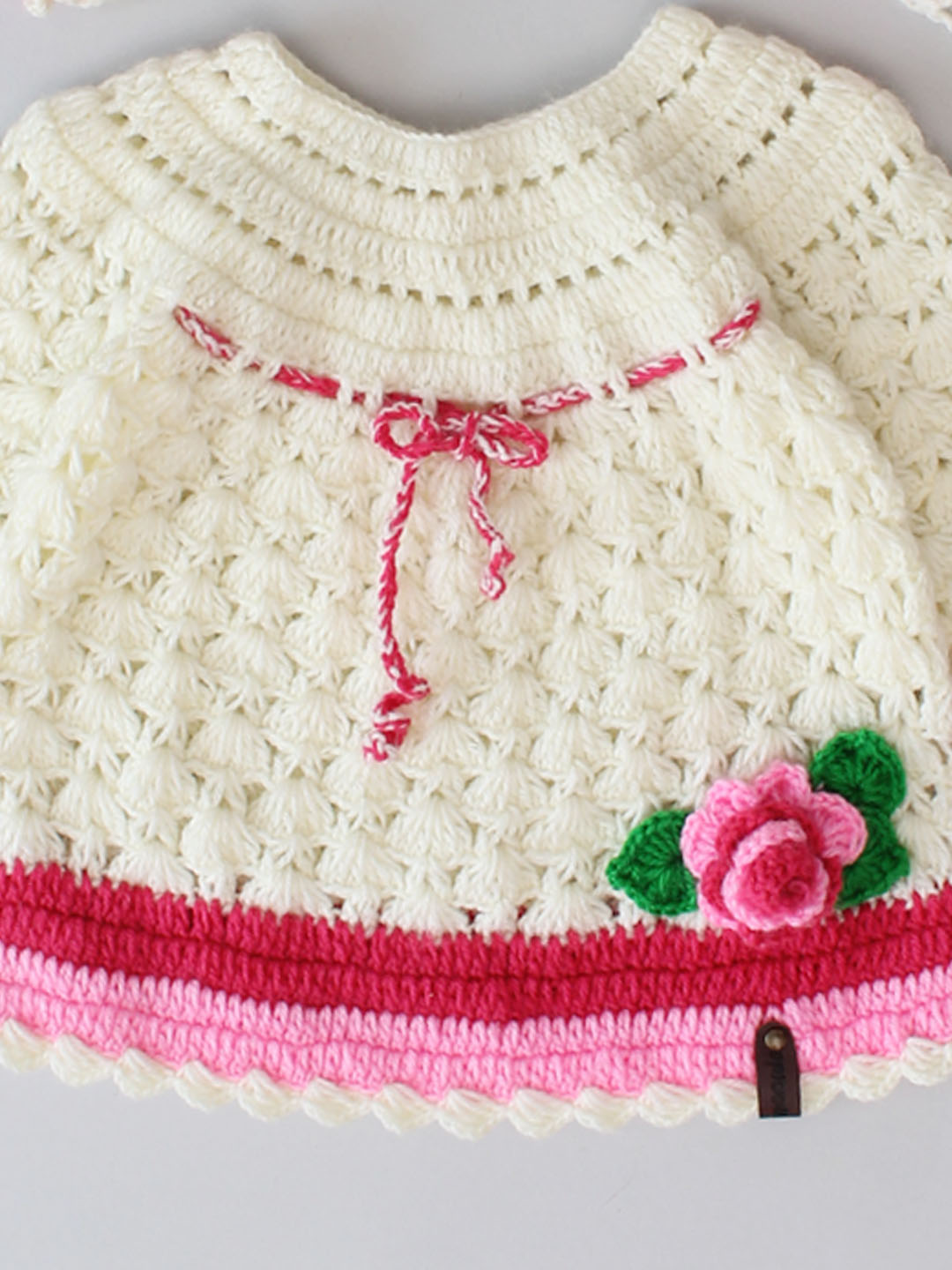 Shell Stitch Full Sleeves Frock with Cap and Hairband - Cream