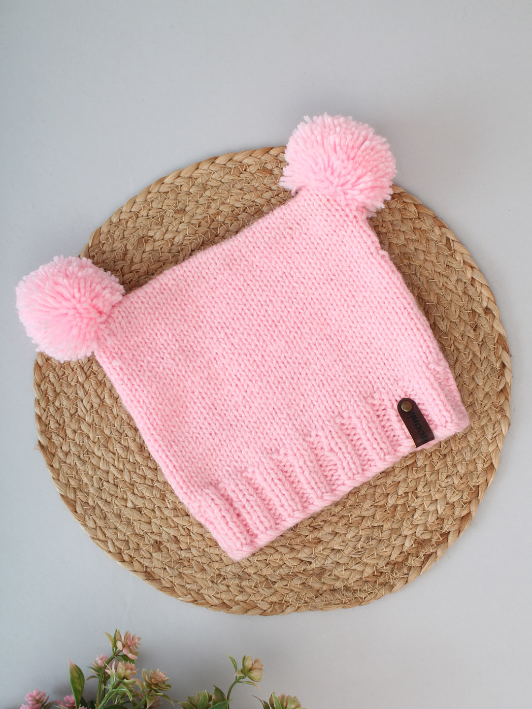 Square Hat with Pom Pom for Newborn Pink - Main Image