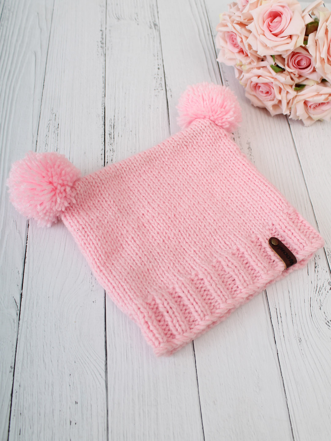 Square Hat with Pom Pom for Newborn - Pink