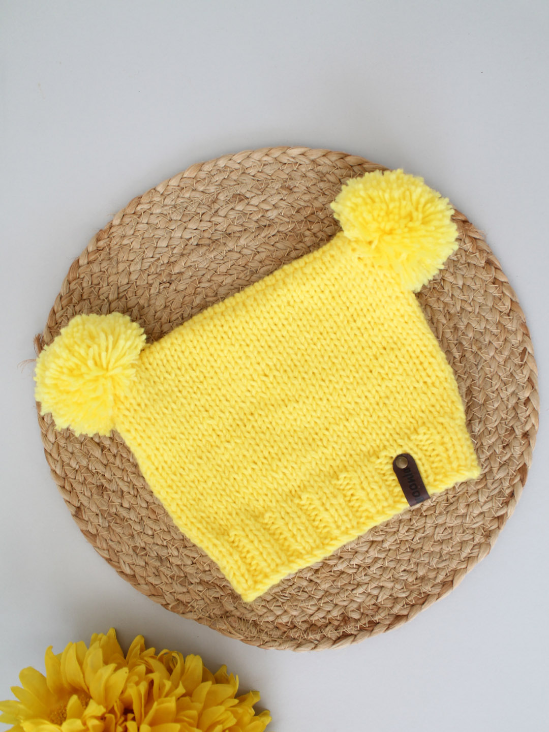 Square Hat with Pom Pom for Newborn - Yellow