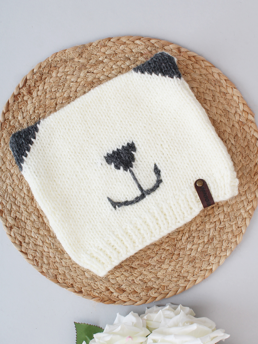 Square Knit Hat with Cat Face - Off-White