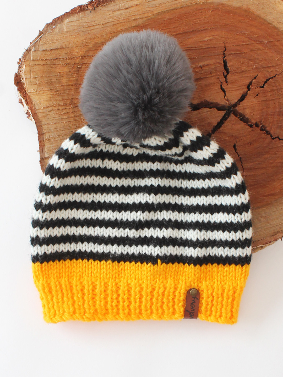 Striped Faux Fur Pom-Pom Detail Beanie Cap for Women - Black