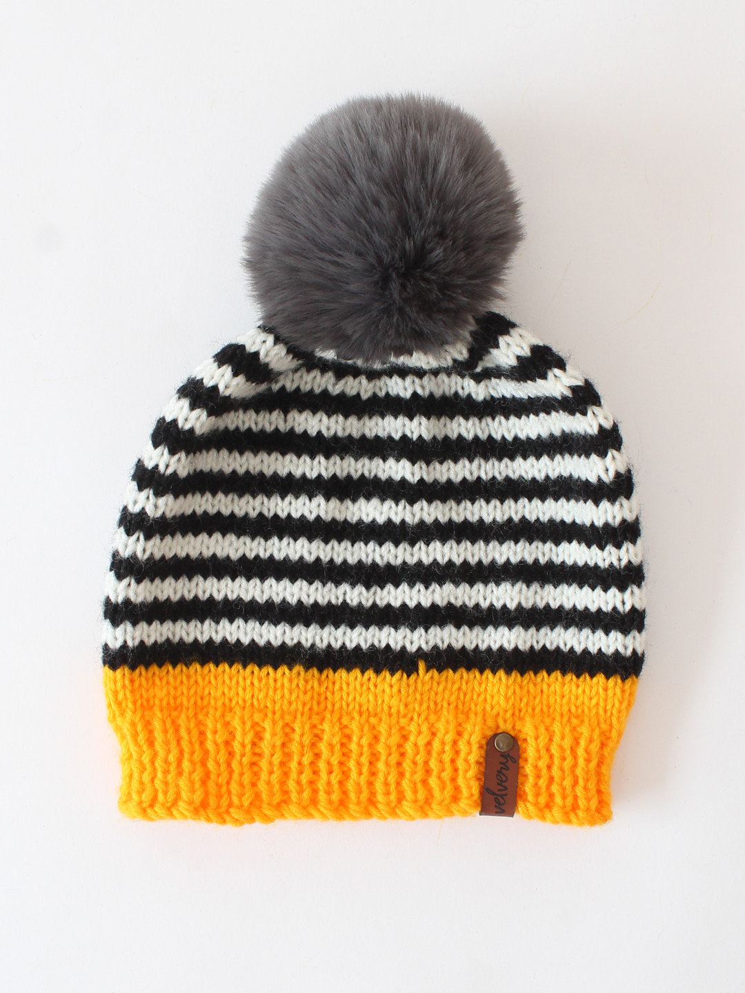 Striped Faux Fur Pom-Pom Detail Beanie Cap for Women - Black
