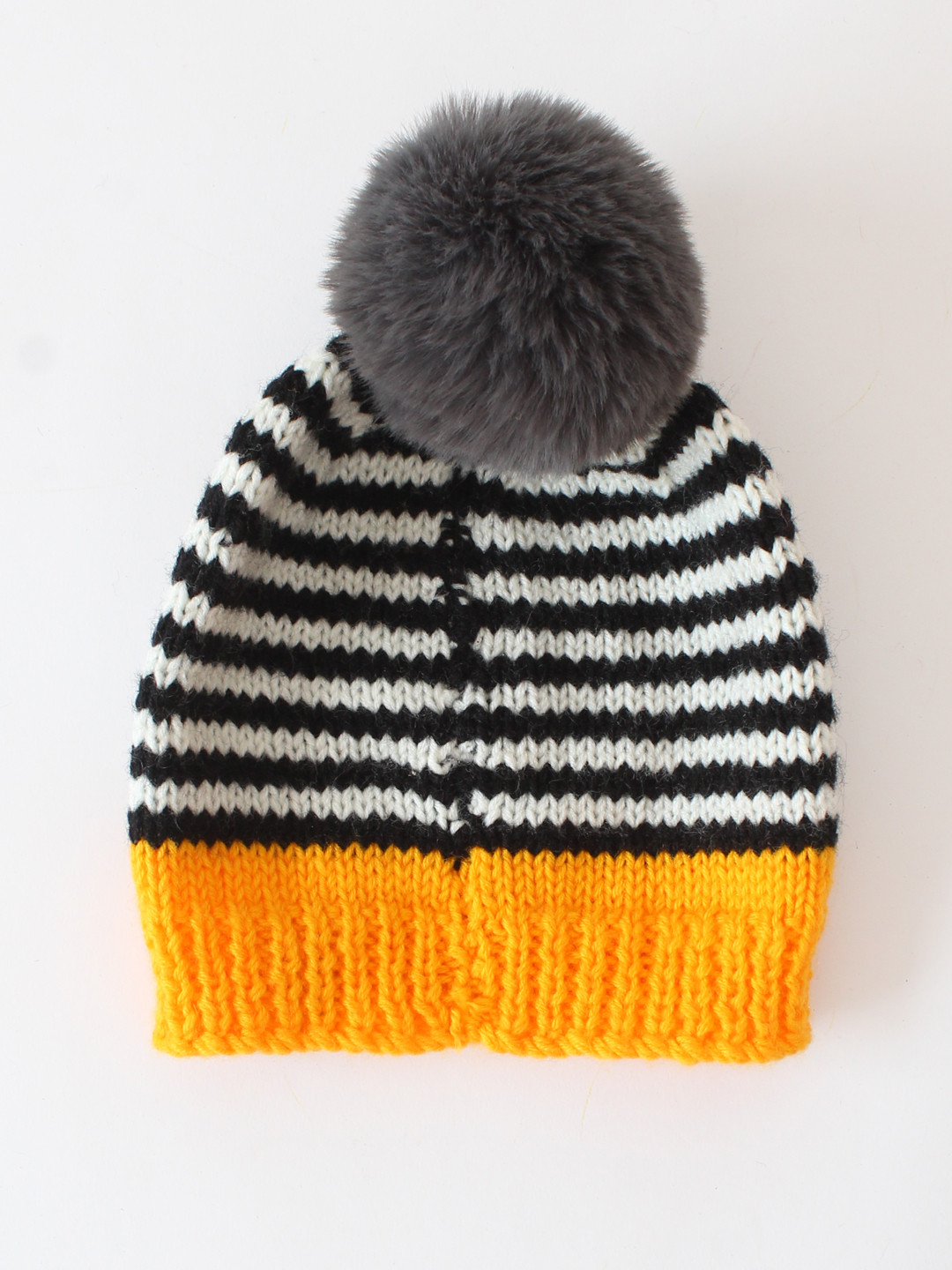 Striped Faux Fur Pom-Pom Detail Beanie Cap for Women - Black