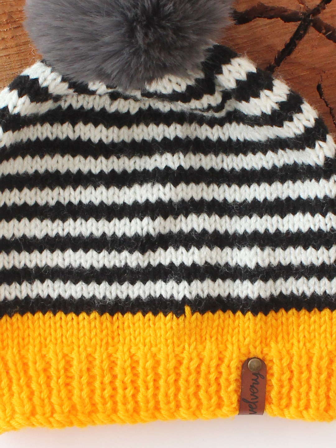 Striped Faux Fur Pom-Pom Detail Beanie Cap for Women - Black